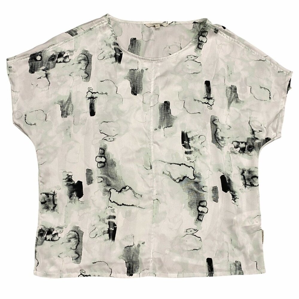 Calvin Klein Womens L Green Abstract Print Blouse Dolman Short Sleeve Round Neck